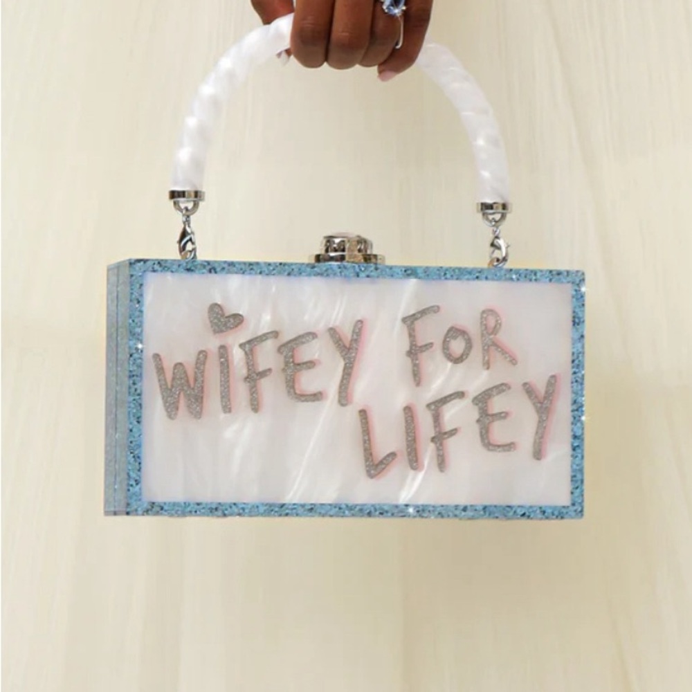 WIFEY FOR LIFEY CLUTCH IN PEARL BLUE WITH HANDLE